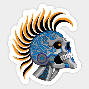 Tattooed Robot Skull with Orange Mohawk Sticker